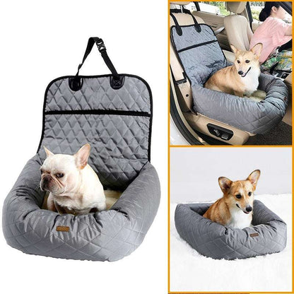 Folded dog bed design in beige and black with thick cushioned interior.