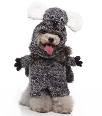 Dog wearing a gray mouse costume with large ears on a white background