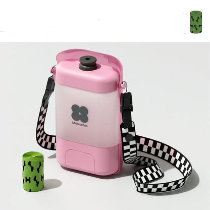Person holding Mewoofun bottle, showing multi-functional tray design for outdoor pet care.