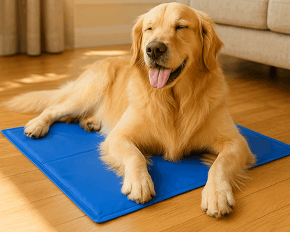 A relaxed Golden Retriever lounging on a pressure-activated cooling mat in a bright summer living room. The dog looks content and refreshed, showcasing the mat’s ability to keep pets cool without electricity, water, or refrigeration.