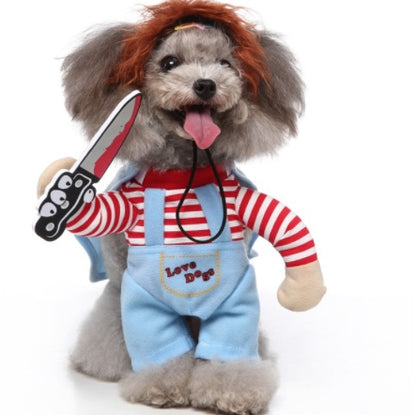 Dog toy dressed in a costume with a knife and 'Love Dog' overalls on a white background