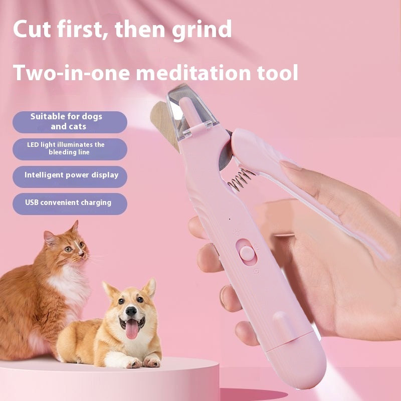 Close-up of pink pet nail clipper with built-in LED light