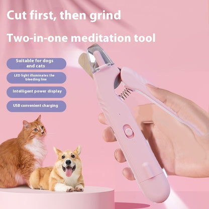 Close-up of pink pet nail clipper with built-in LED light