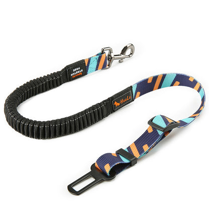 Adjustable travel leash for dogs with reflective stitching and secure attachment.