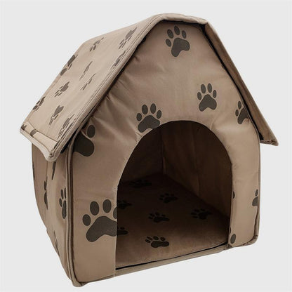 Brown indoor dog house with paw prints and cloth roof
