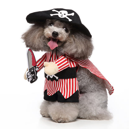 Dog wearing a pirate costume with a hat, shirt, and sword on a white background
