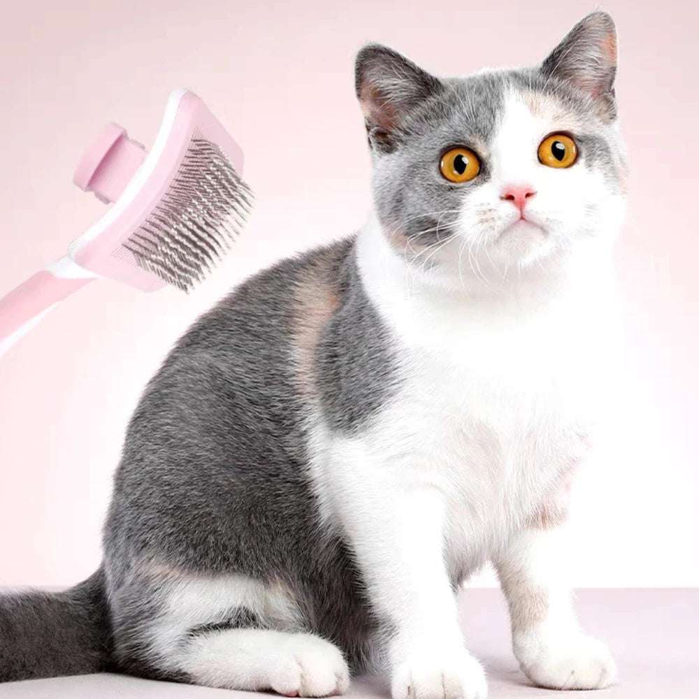 Dog and cat hair remover brush with ergonomic handle and retractable bristles