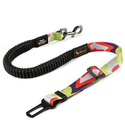 Pet travel safety belt shown keeping a dog secure in the backseat.