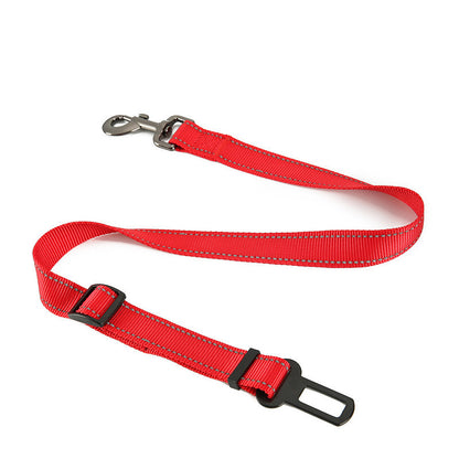 Pet seat belt with reinforced stitching and dual color design.