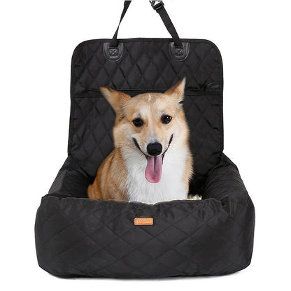 Portable dog travel bed with waterproof fabric and plush cushion for all-season use.